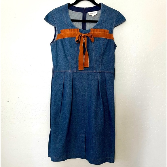 Vintage Denim Dress Size 8 60s 70s Ribbon Bow Around Chest Sparkle in Fabric - Picture 1 of 15